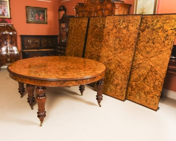 Vintage Marquetry Burr Walnut Extending Dining Table With 16 Chairs - Image 5