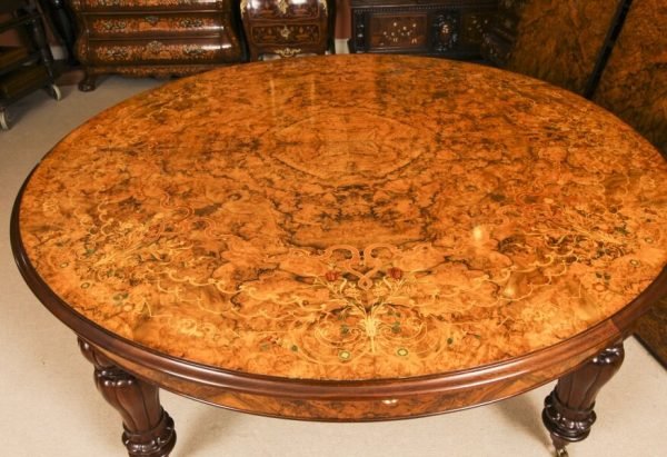Vintage Marquetry Burr Walnut Extending Dining Table With 16 Chairs - Image 4