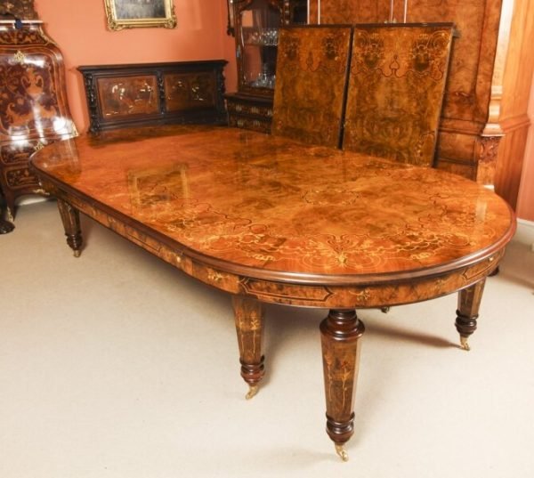 Bespoke Marquetry Burr Walnut Dining Table With 14 Dining Chairs - Image 4