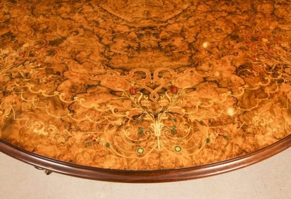 Vintage Marquetry Burr Walnut Extending Dining Table With 16 Chairs