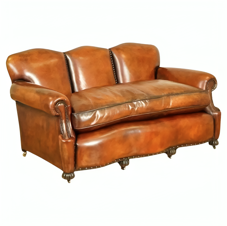 Restored Antique Edwardian Hand Dyed Whisky Brown Sofa with Feather Filled Cushion