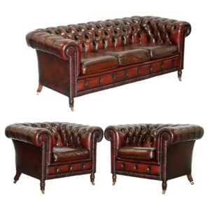 Vintage Restored Bordeaux Leather Chesterfield Suite