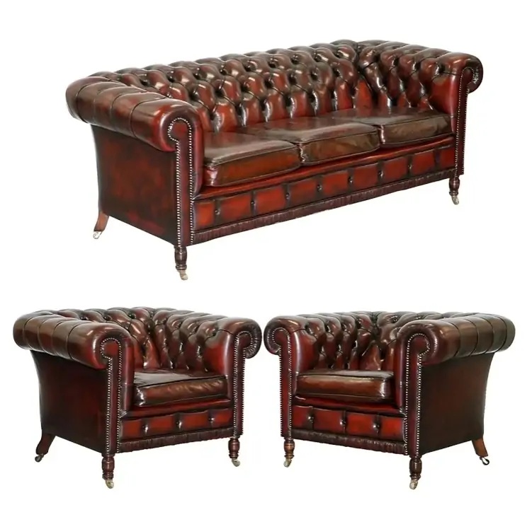 Vintage Restored Bordeaux Leather Chesterfield Suite