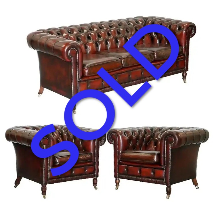 Vintage Restored Bordeaux Leather Chesterfield Suite