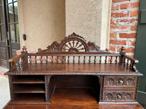 Antique French Carved Oak Writing Desk Secretary with Chair - Image 6
