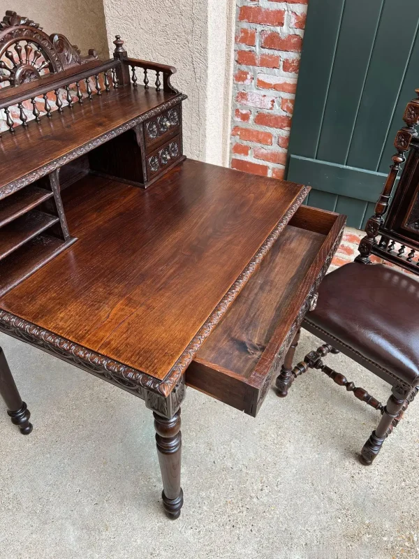 Antique French Carved Oak Writing Desk Secretary with Chair - Image 5