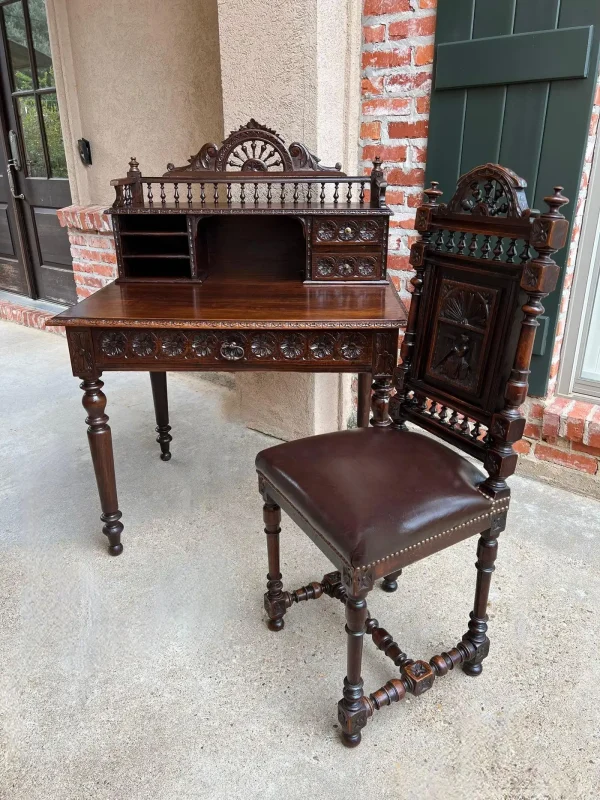 Antique French Carved Oak Writing Desk Secretary with Chair - Image 3