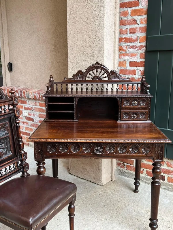 Antique French Carved Oak Writing Desk Secretary with Chair - Image 2