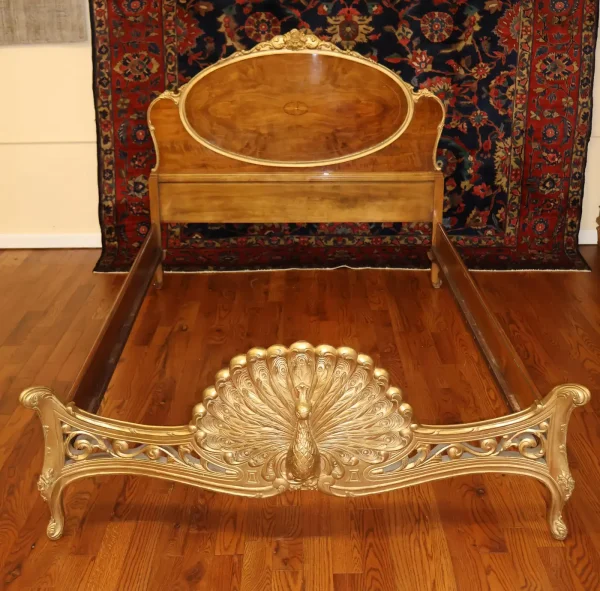 French Louis XVI Style Inlaid Burled Wood Carved Full Bed - Image 2