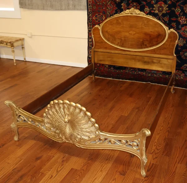 French Louis XVI Style Inlaid Burled Wood Carved Full Bed - Image 3
