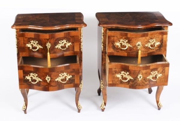 Antique Pair Italian Burr Walnut Serpentine Bedside Chests - Image 3