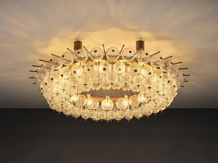 Grand 1970s Brass Chandelier, Ribbed Glass Spheres - Image 2