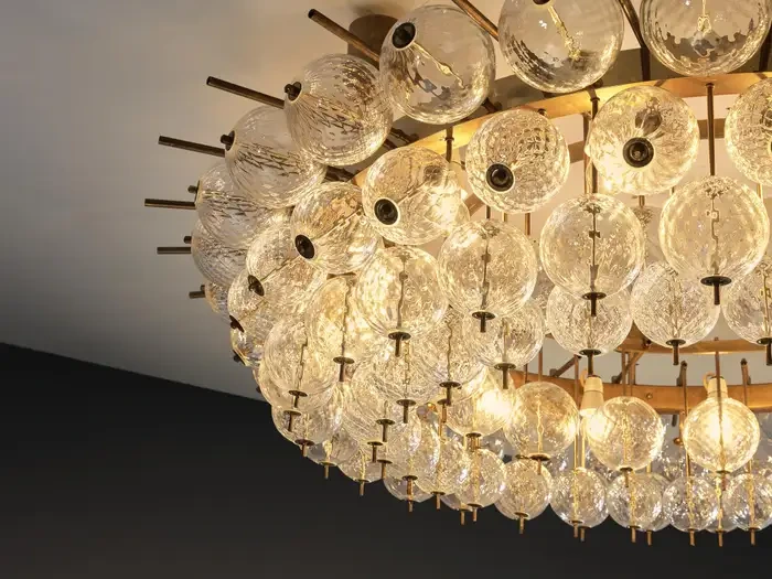 Grand 1970s Brass Chandelier, Ribbed Glass Spheres - Image 4