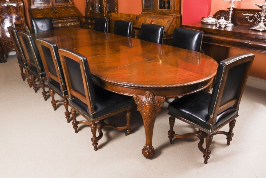 Queen Anne Revival Walnut Dining Table & 10 Chairs - Image 4